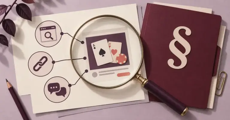 Et forstørrelsesglass gransker en casinoannonse koblet til søk, affiliate-lenker og sosiale medier ved siden av en mappe med paragraftegn.