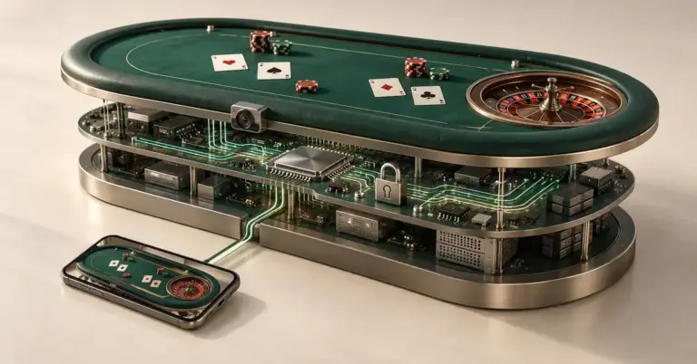 Illustrasjon av et digitalt spillebord med kort og rulett over lag av databrikker og kretsbaner, koblet til en mobiltelefon og en hengelås som symboliserer kryptering.