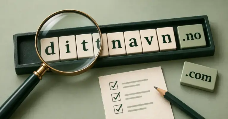 Et forstørrelsesglass over bokstavbrikker som danner dittnavn.no, med en alternativ .com-brikke og en sjekkliste ved siden av.