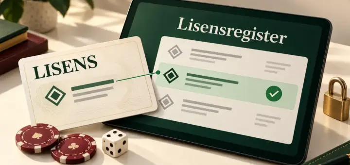 Illustrasjon av et lisenskort som sammenlignes med et lisensregister på et nettbrett, med kasinosjetonger, en terning og en hengelås ved siden av.