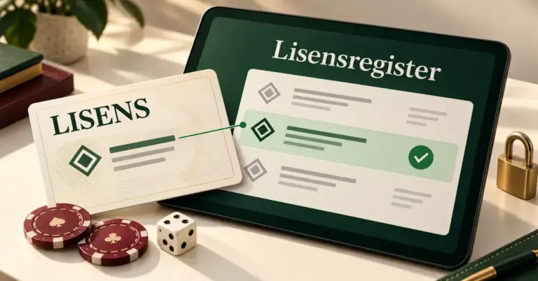 Illustrasjon av et lisenskort som sammenlignes med et lisensregister på et nettbrett, med kasinosjetonger, en terning og en hengelås ved siden av.