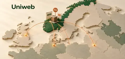 Illustrasjon av Uniweb med en server, et .no-skilt og symboler for nettside og e-post på et stilisert kart over Norge, med nettverkslinjer til Europa.