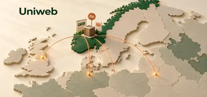 Illustrasjon av Uniweb med en server, et .no-skilt og symboler for nettside og e-post på et stilisert kart over Norge, med nettverkslinjer til Europa.