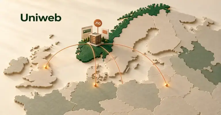 Illustrasjon av Uniweb med en server, et .no-skilt og symboler for nettside og e-post på et stilisert kart over Norge, med nettverkslinjer til Europa.