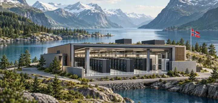 Illustrasjon av et datasenter med synlige serverrekker og norsk flagg ved en fjord omgitt av fjell.