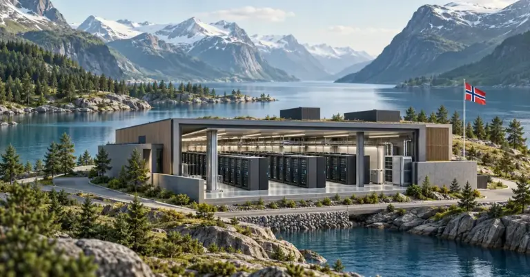 Illustrasjon av et datasenter med synlige serverrekker og norsk flagg ved en fjord omgitt av fjell.