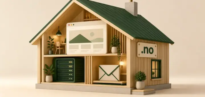 Illustrasjon av et trehus med .no-skilt, nettside, server og konvolutt som symboliserer Webhusets tjenester for domener, webhotell og e-post.
