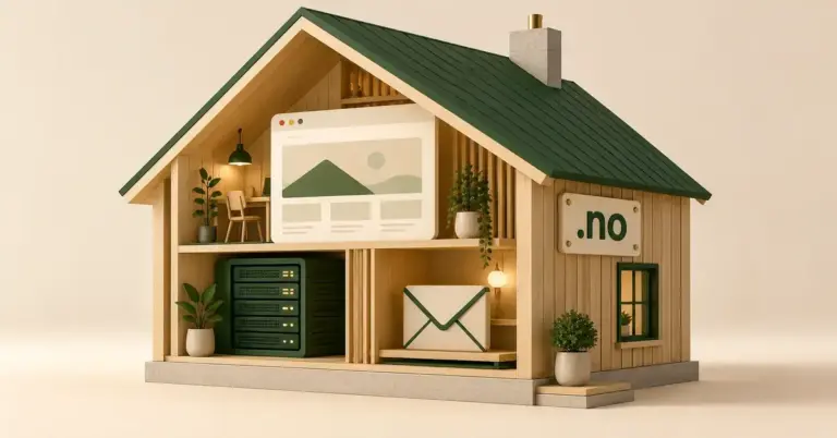 Illustrasjon av et trehus med .no-skilt, nettside, server og konvolutt som symboliserer Webhusets tjenester for domener, webhotell og e-post.