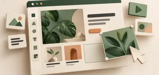 Illustrasjon av en visuell nettstedbygger der en musepeker drar en bildeblokk på plass i en nettsidemal.